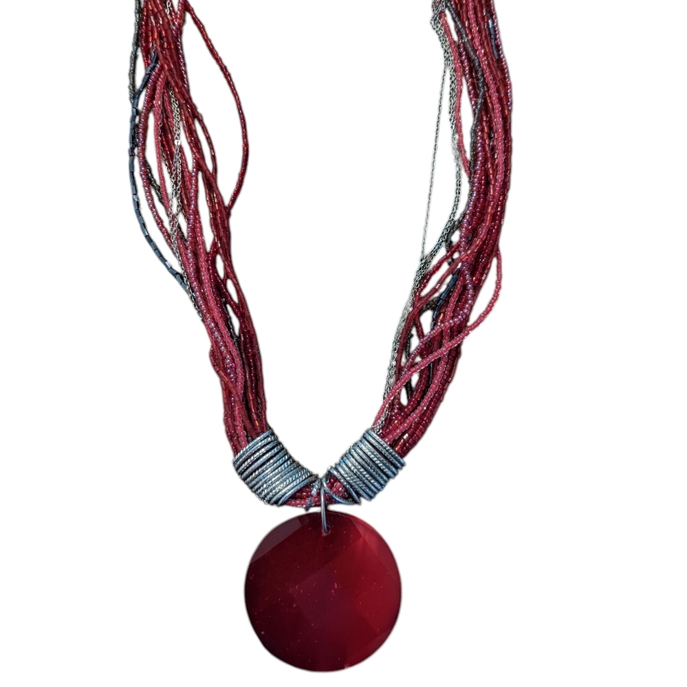Multi-strand Beaded Necklace With Large Red Pendant.